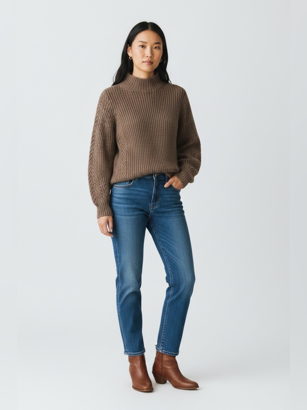 Poetry NWOT Women’s Brown Mock Neck Cable Knit Wool Blend Sweater Size 10.